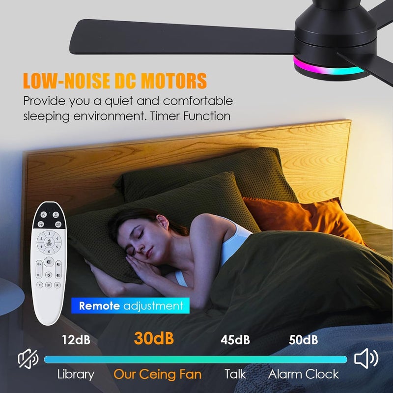 Asyko Ceiling Fans with Lights, 46 Inch Low Profile Ceiling Fan with Light and Remote Control,Reversible, RGB,Dimmable, Quiet, Brown Ceiling Fan for Bedroom Indoor/Outdoor Use - Image 3